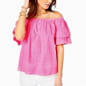 Lilly Pulitzer Pink and White off the shoulder top with bell ruffled sleeves